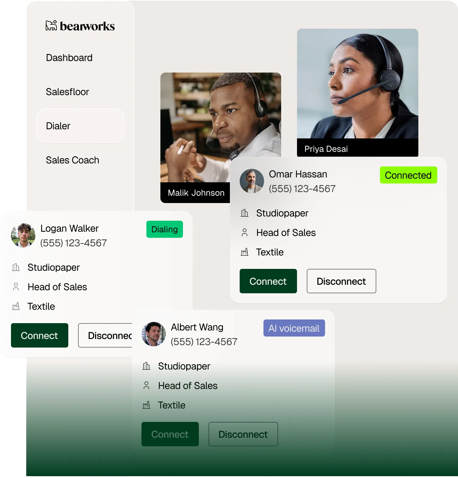 Bearworks' Parallel Dialer dashboard showing active calls and booking statistics during a power dialing session